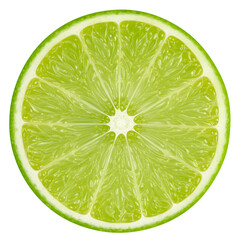 Close-up of a vibrant lime fruit slice. Detailed macro shot of a juicy citrus cross-section, isolated on a clean white background.