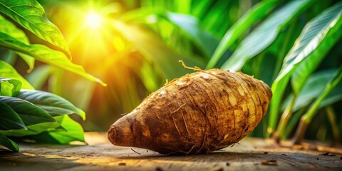 Sunlit Taro Root Resting on Rustic Wood Surface Amidst Lush Green Foliage