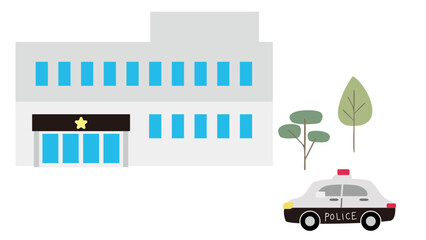 シンプルな警察署とパトカーのイラスト素材セット © OrangeEtFille