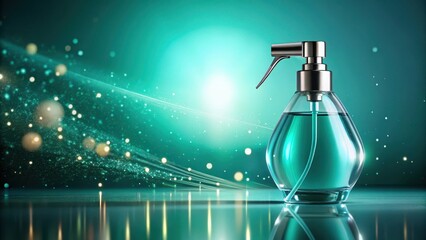 Reflective Teal Spray Bottle on a Shimmering Surface with Abstract Background