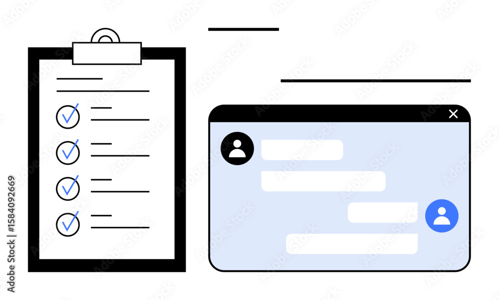 Poster clipboard with checklist and messaging interface icon. ideal for productivity, teamwork, task planni