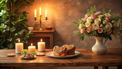 Romantic ambiance featuring heart-shaped pastries, a floral arrangement, and candlelight on a wooden table