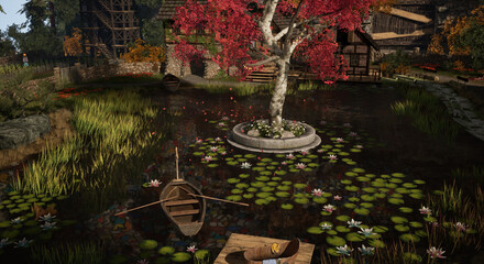 池がある忘れられ秋の村 © タラコおにぎり