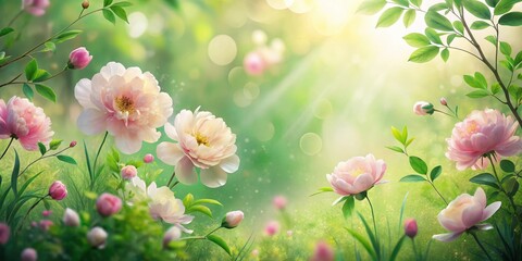 Serene Springtime Bloom Delicate Pink Peonies Basking in Sunlight's Embrace, Lush Greenery, Vibrant Garden Scene