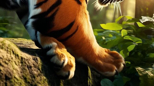 Close up of tiger paws resting on mossy rock in a bright green natural environment outdoors animal video