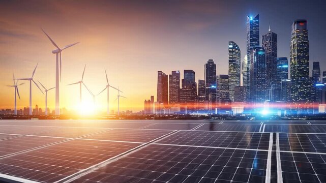 Sustainable Cityscape: Wind Turbines, Solar Panels, and Urban Skyline