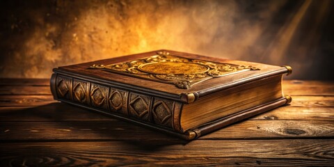 An Antique Leather-Bound Book Rests on a Rustic Wooden Table, Illuminated by Warm, Soft Light, Evoking a Sense of History and Mystery