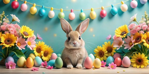 A delightful springtime scene featuring a fluffy bunny surrounded by vibrant sunflowers, pastel eggs, and a cheerful string of colorful lights.