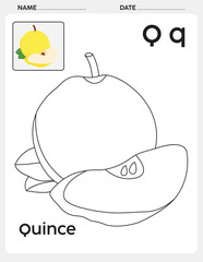 Alphabet Tracing and Fruit Coloring Book for Kids – A to Z Letter Practice with Matching Quince Fruit – Educational Preschool Activity Pages.