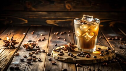 A Refreshing Iced Coffee Beverage with Star Anise Garnish, Served in a Glass on Rustic Wooden Table