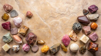 A Collection of Polished and Unpolished Stones Arranged on a Textured Surface