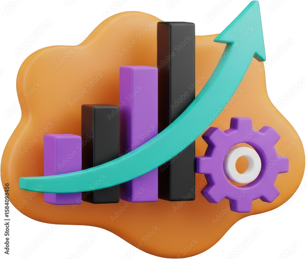 Poster 3d bar chart with upward trend arrow and gear cog representing growth and efficiency transparent bac