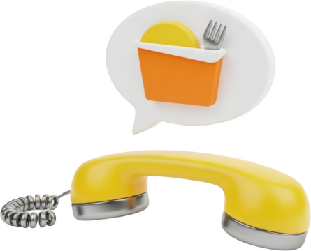 Yellow telephone receiver with speech bubble containing food icon isolate