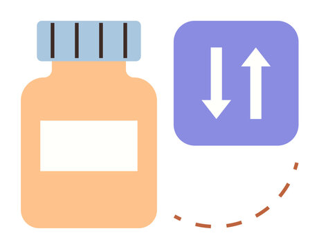 Prescription bottle with blank label and two arrows suggesting dosage increase or decrease. Ideal for pharmacy, health care, instructions, medication management, patient communication, treatment