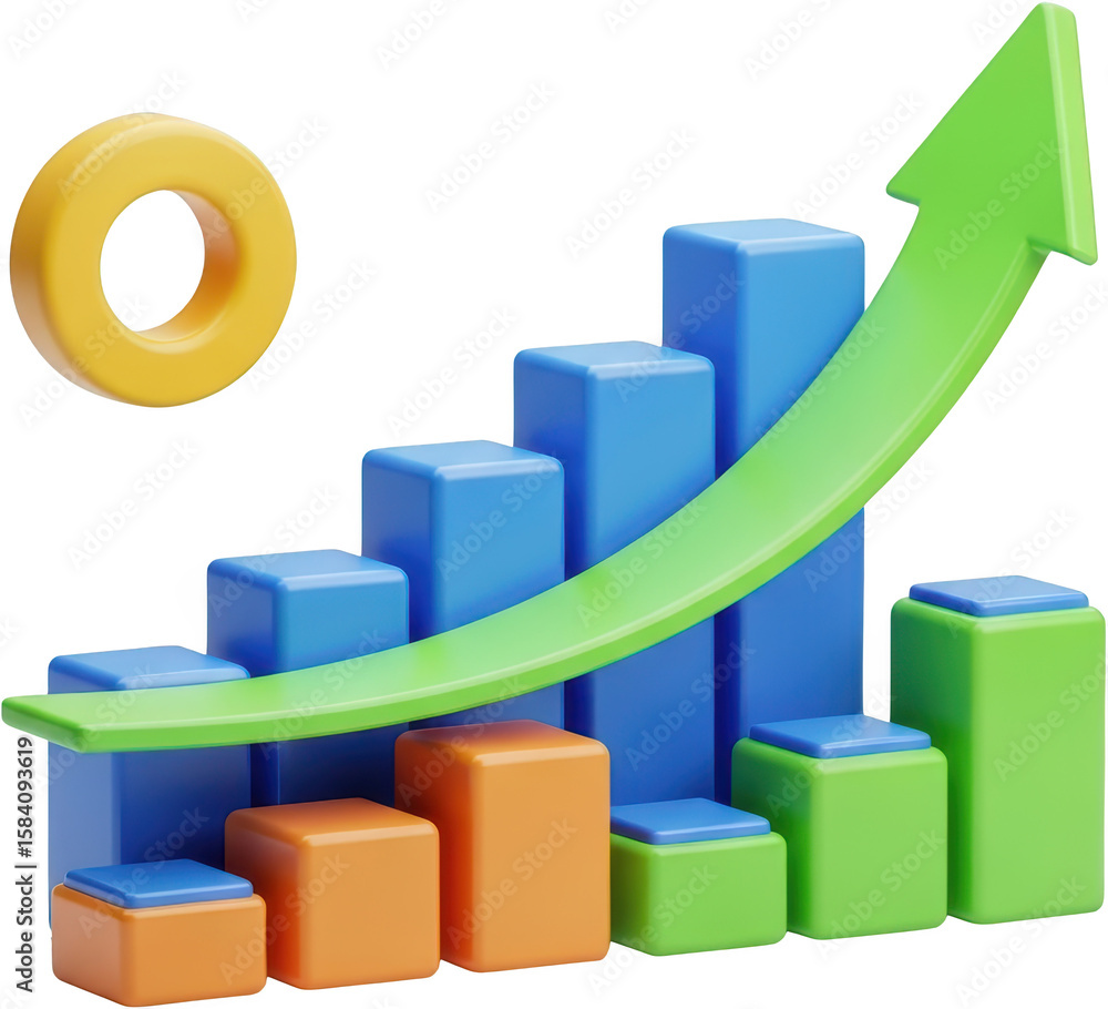 Poster 3d bar graph with green arrow pointing up and yellow circle indicating growth and progress transpare