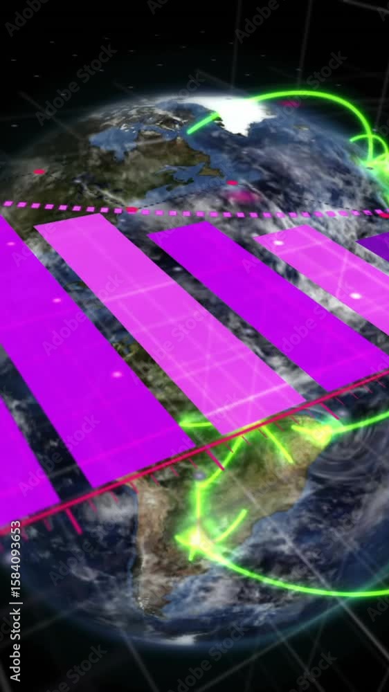 Poster animation of arrow on bar graphs and lines on rotating globe over black background