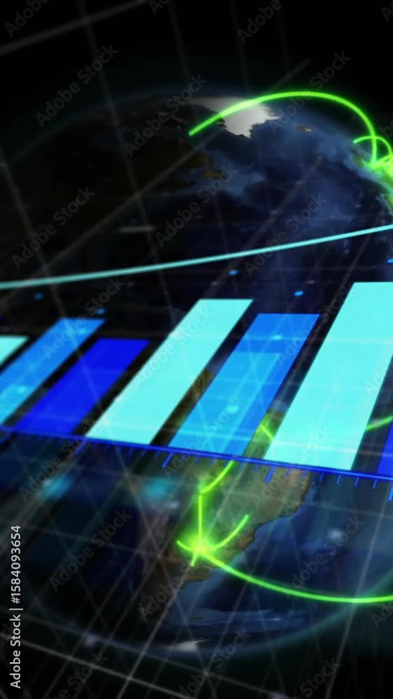 Poster animation of arrow on growing bar graph and lines over rotating globe over black background