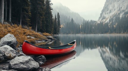 Red canoe on a rocky shore of a calm lake with pine trees