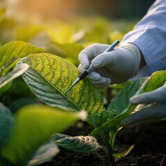 Close-up of Hand Inspecting Leaf in Lush Green Crop Field