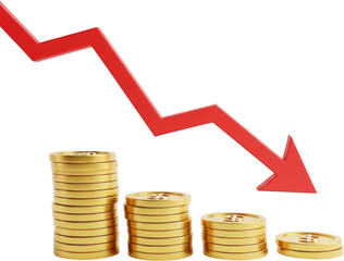 Red downward trend arrow over stacks of gold coins indicating financial decline transparent background