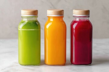 Colorful Fresh Juices in Glass Bottles on Marble Background