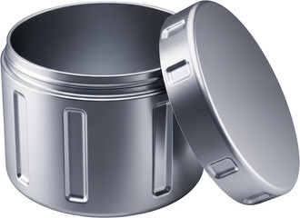 Empty cylindrical metal container with raised vertical rectangular indentations on body and lid open position isolate