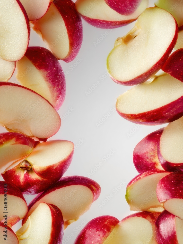 Poster sliced apples arranged in a vertical composition fading into a light background with ample blank spa