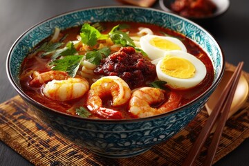 Delicious Shrimp Noodle Soup with Herbs and Spicy Condiment