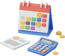 Calendar with colorful squares gold coins calculator and document money transparent background