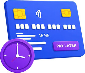 Blue credit card with chip contactless symbol and Pay Later button next to a purple clock isolate