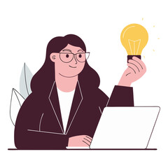 A professional woman with glasses, working on a laptop, holds up a glowing lightbulb, symbolizing innovation, ideas, and creative problem-solving.