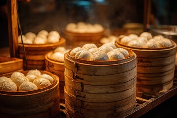 Freshly Steamed Buns in Bamboo Baskets at Food Stall in Market