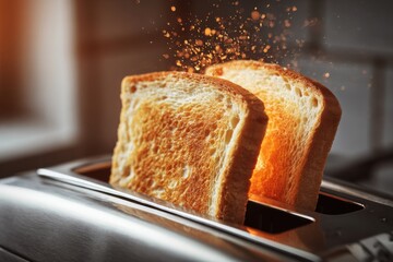 Freshly Toasted Bread Slices Emerge from Modern Silver Toaster