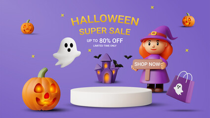 3D Vector Illustration Rendering of Halloween Pumpkin Stand, Floating Ghost, Castle, Flying Bats, Child Witch Holding “SHOP NOW” Sign, Bags, Text HALLOWEEN SUPER SALE UP TO 80% OFF, Festival Shopping