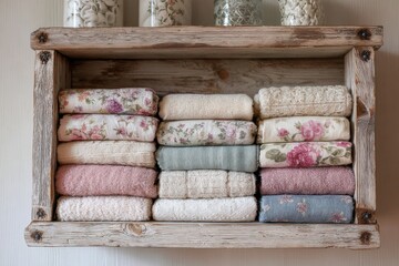 Neatly Stacked Towels in Rustic Wooden Shelf with Vintage Design