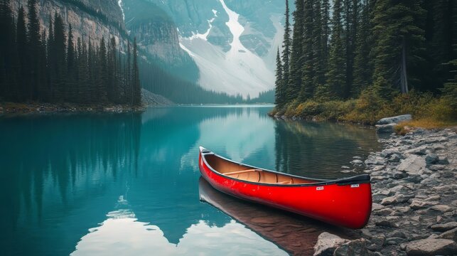 Red canoe resting on the rocky shore of a calm lake with pine trees