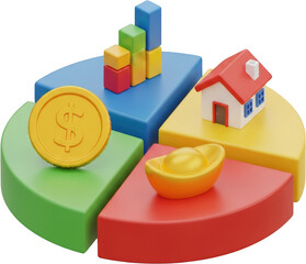 Colorful pie chart with financial symbols house gold ingot dollar coin and bar graph transparent background