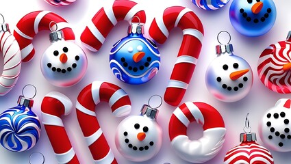 Fototapeta premium Cheerful holiday scene displays festive candy canes and colorful snowman Christmas ornaments ready for decorating.