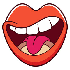 A wide-open, cartoon mouth with plump red lips, showing a full set of white teeth and a vibrant pink tongue, conveying laughter or excitement.