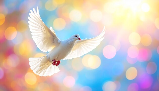 A vibrant illustration of a white dove against a colorful background, symbolizing unity and peace on International Day of Peace - Powered by Adobe