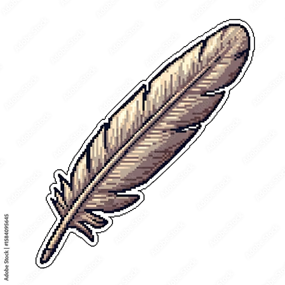 Poster pixelated feather: retro game style graphic element on white background