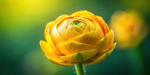 A vibrant yellow flower, petals delicately arranged in a captivating bloom, bathed in soft sunlight against a blurred green backdrop.