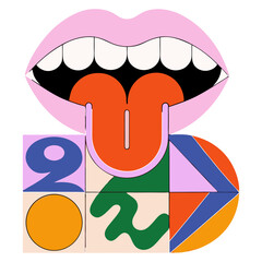 A playful, stylized illustration featuring an open mouth with pink lips and an extended orange tongue, above a geometric