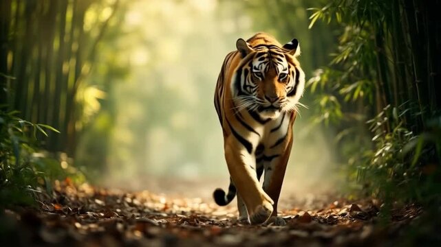 A tiger walking through a forest path with bamboo trees and fallen leaves on the ground animal video