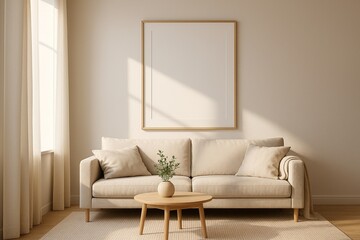 Minimal Living Room with Blank Poster Frame and Natural Lighting
