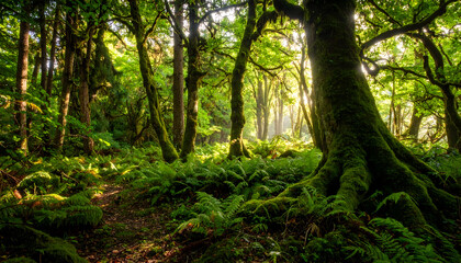 Obraz premium Sunlit Green Forest with Mossy Trees and Lush Undergrowth