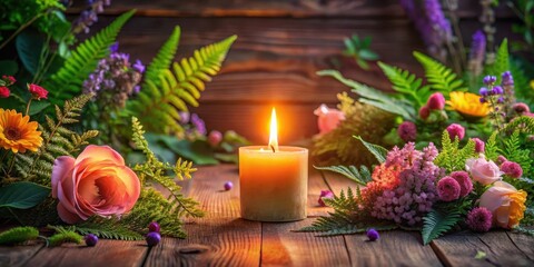 Serene Still Life A Glowing Candle Embraces a Bountiful Array of Vibrant Flowers on Rustic Wood