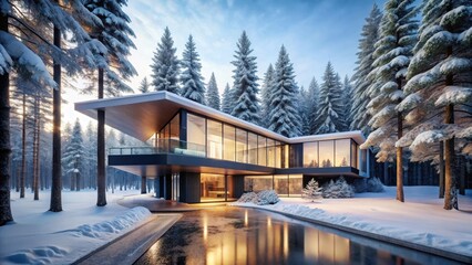 Modern Winter Residence A Luxurious Contemporary Home Nestled Amidst a Snowy Forest with a Reflecting Pool