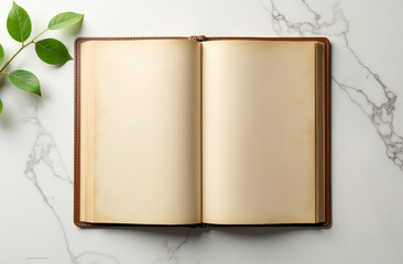 mockup of open recipe book on marble table, top view, space for text