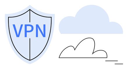 Shield with VPN text next to clouds, symbolizing secure cloud access, internet privacy, and data encryption. Ideal for cybersecurity, privacy, cloud computing, data protection, safe browsing
